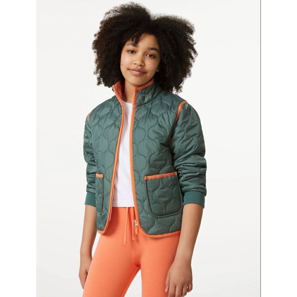Free Assembly Girl’s Duck Green Lightweight Quilted Full Zip Jacket Medium 7/8